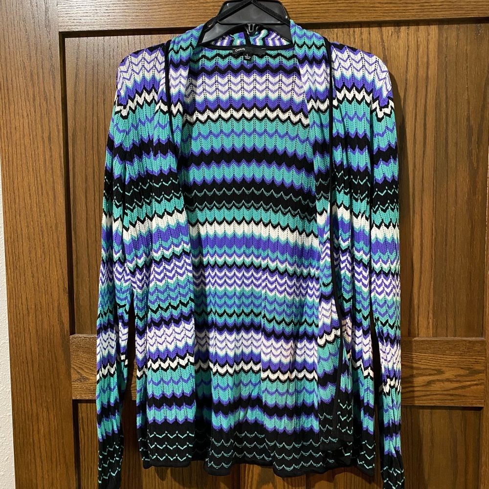 Zig zag purple, teal, white and black cardigan